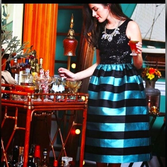 Anthropologie Leifsdottir Black Sequins Striped Sleeveless Dress Teal Midi Sz 2 - Picture 1 of 12